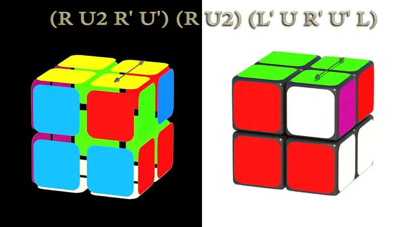 Slaganje Rubikove kocke 2x2x2: III korak - permutacija susednih uglova - algoritam: (RU2R'U')(RU2)(L'UR'U'L)
