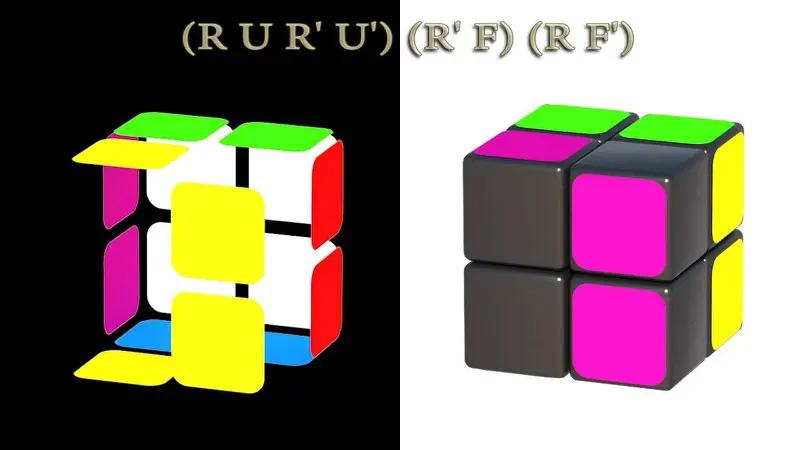 Solving Rubik's cube 2x2x2: II step (5/7) - algorithm: (RUR'U')(R'F)(RF')