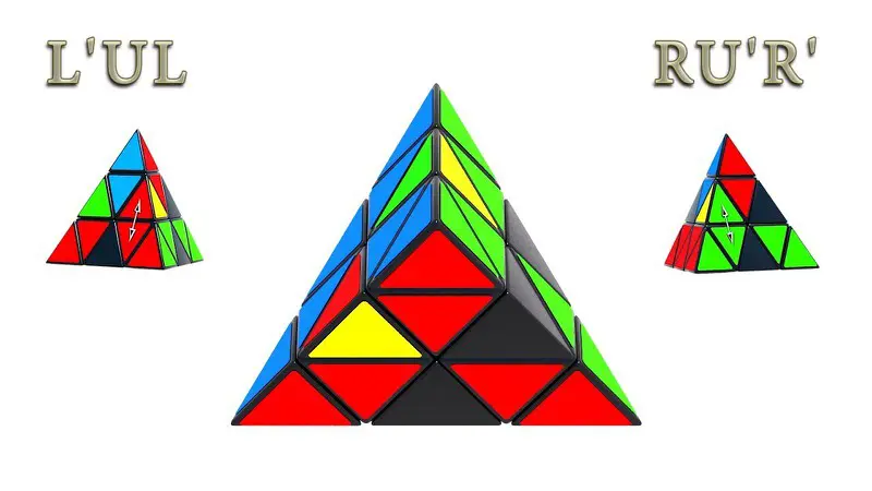 The Pyraminx: how to solve the first layer - algorithms: L'UL and RU'R'