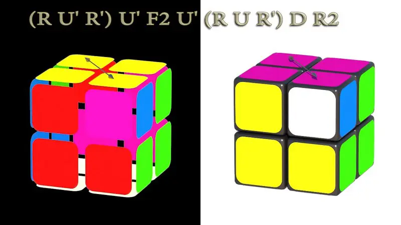 Slaganje Rubikove kocke 2x2x2: III korak - permutacija dijagonalnih uglova - algoritam: (RU'R')U'F2U'(RUR')DR2
