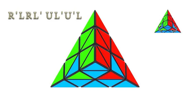 The Pyraminx: how to orient the colours of the last two side parts - algorithm: R'LRL' UL'U'L